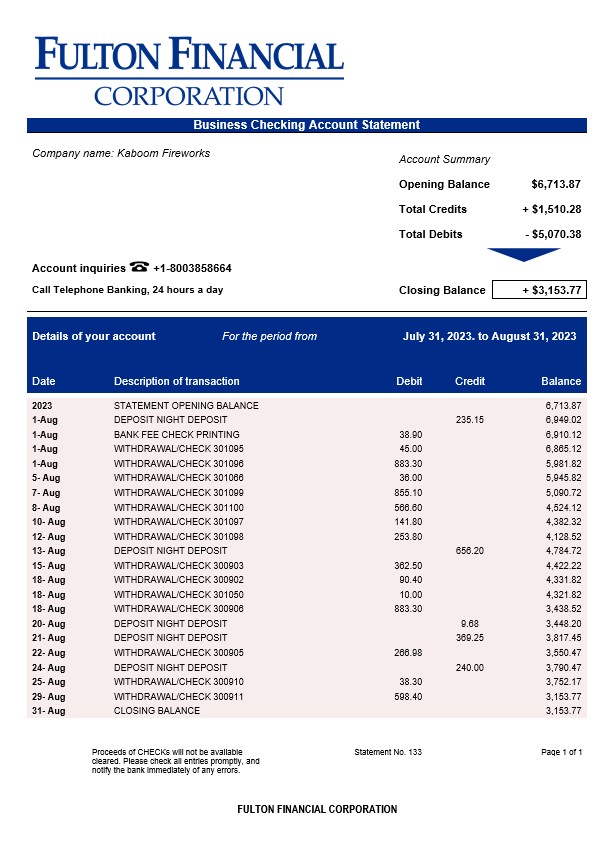 Modèle Word et PDF de relevé de compte d'entreprise de Fulton Financial Corporation